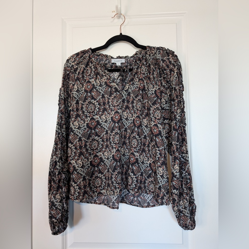 Evereve Kylie Icat Pullover Split Neck Puff Sleeves Blouse Navy Multi Size Small